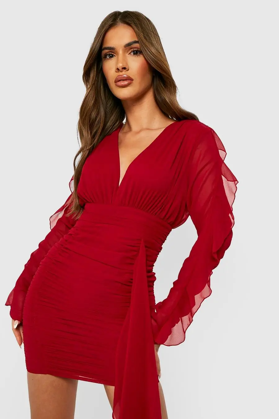 Mesh Detail Ruched Mini Dress