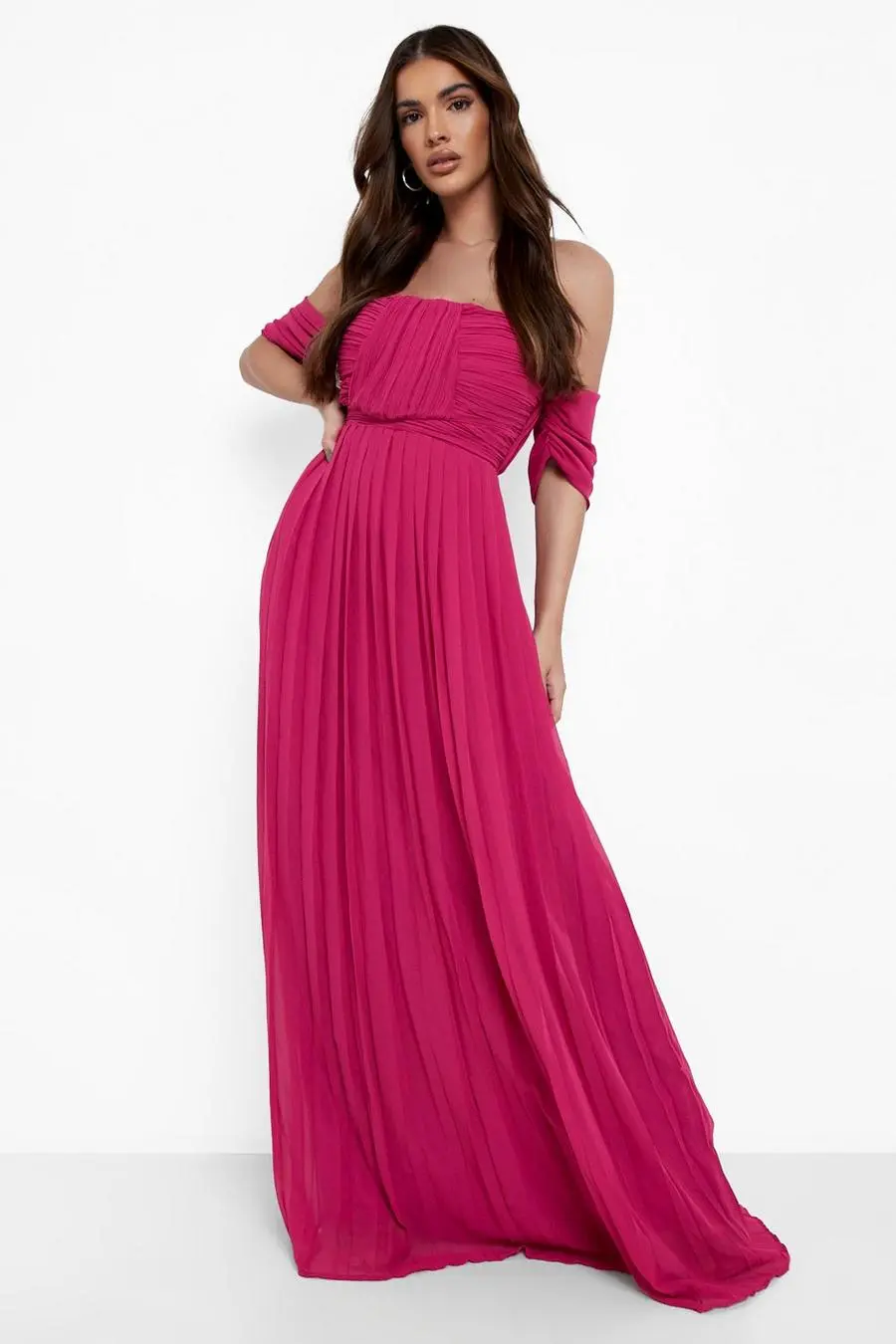 Pleated Off The Shoulder Bridesmaid Maxi Dress