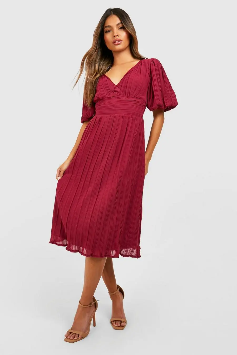 Pleated Puff Sleeve Low Back Midi Dress