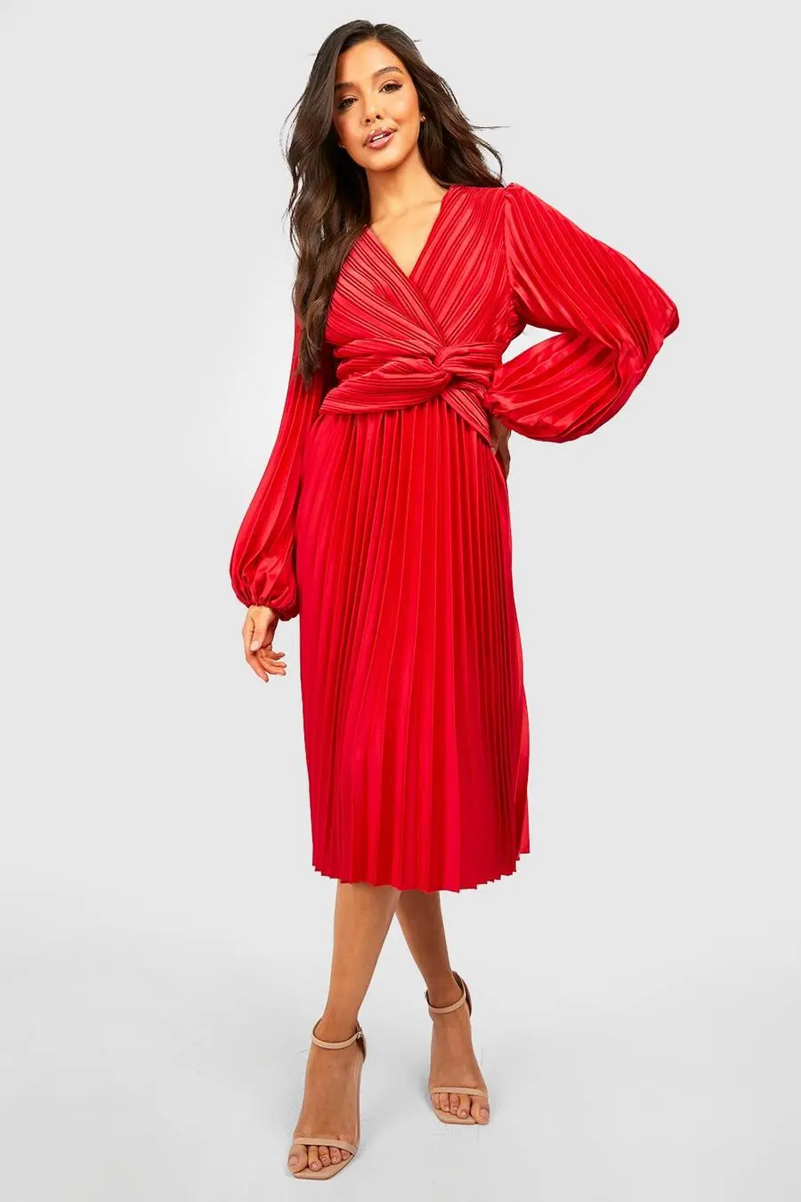 Pleated Satin Twist Detail Midi Dress