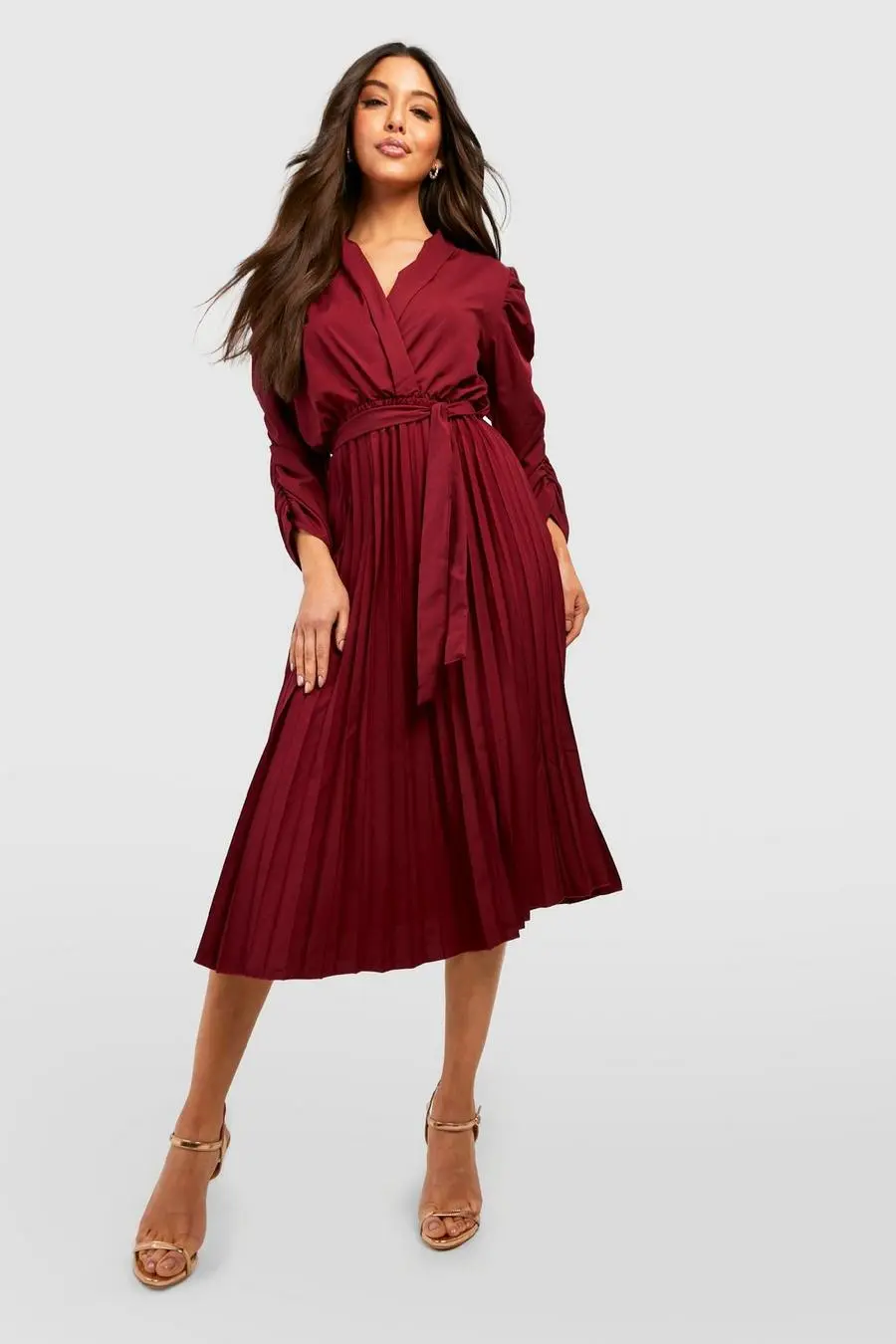 Puff Sleeve Pleated Skirt Midi Dress