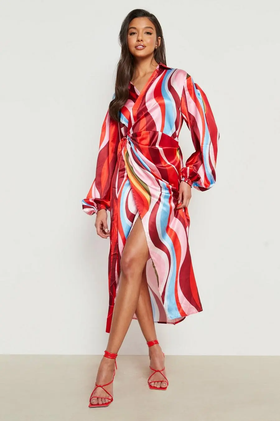 Swirl Print Satin Wrap Shirt Dress