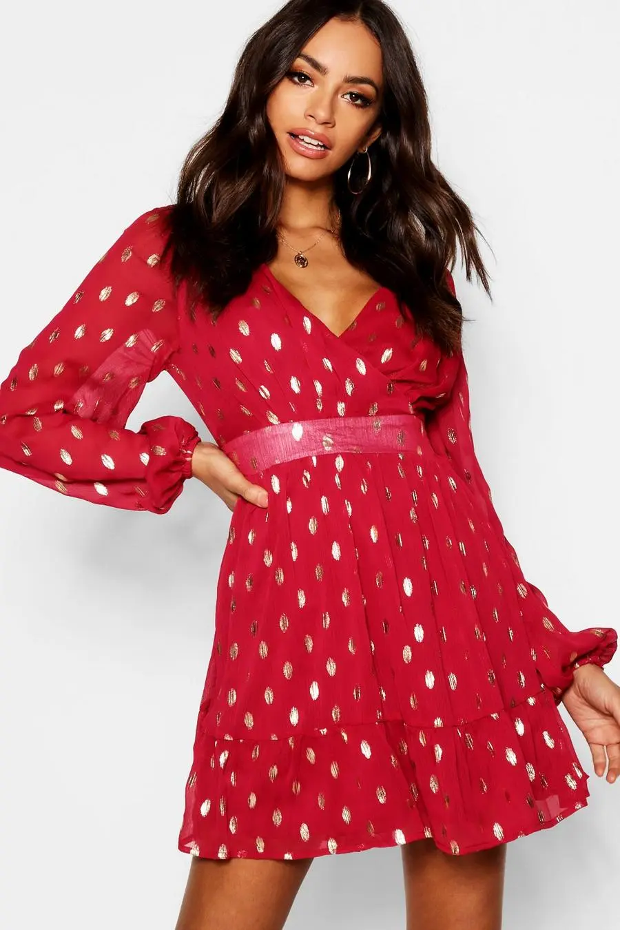 Wrap Front Metallic Polka Dot Skater Party Dress