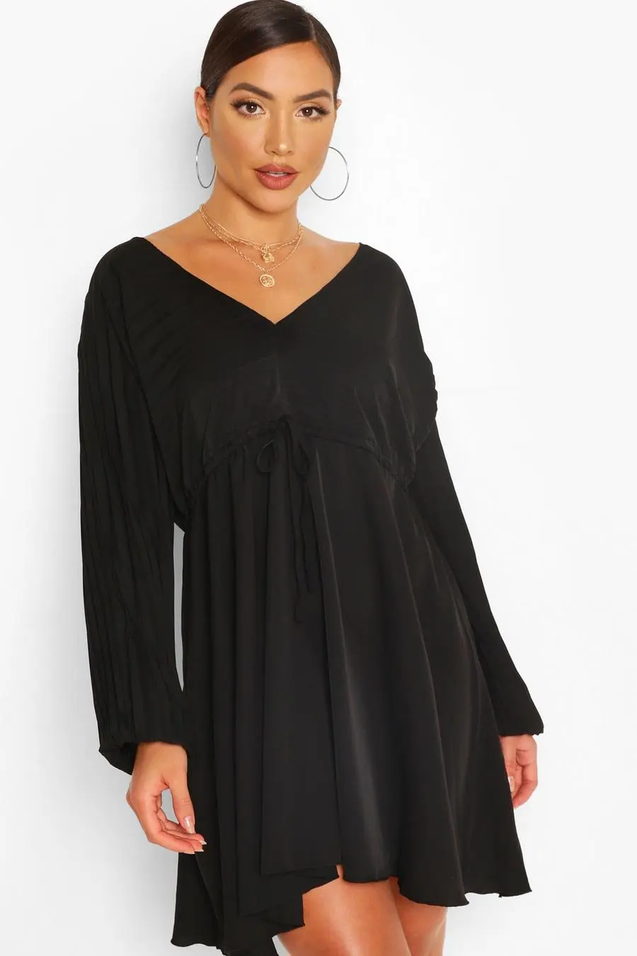 Batwing Pleated Plunge Skater Dress