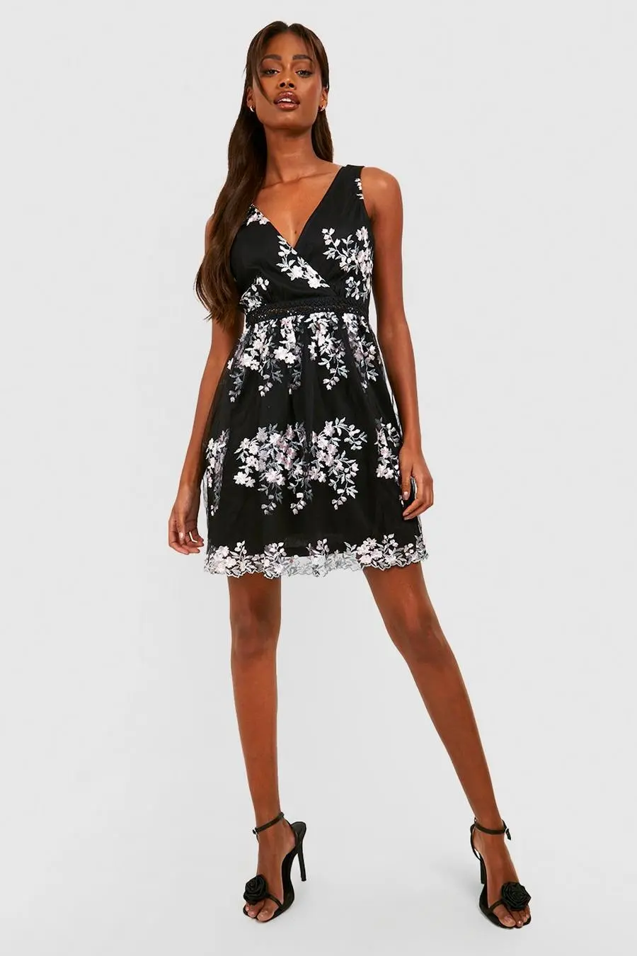 Boohoo Occasion Floral Embroidery Wrap Skater Dress