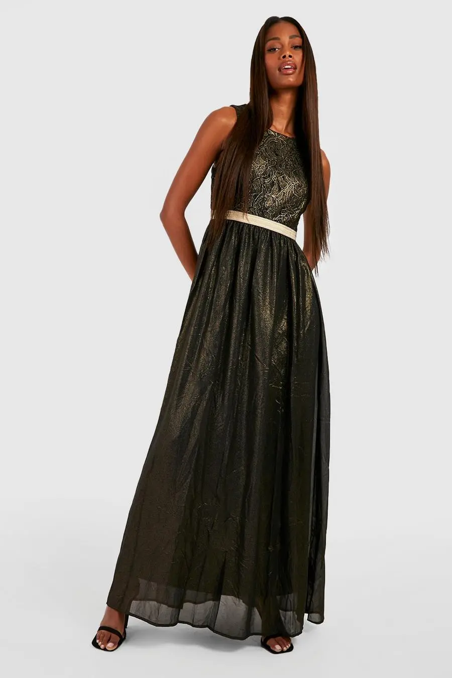 Boutique Lace & Metallic Maxi Dress