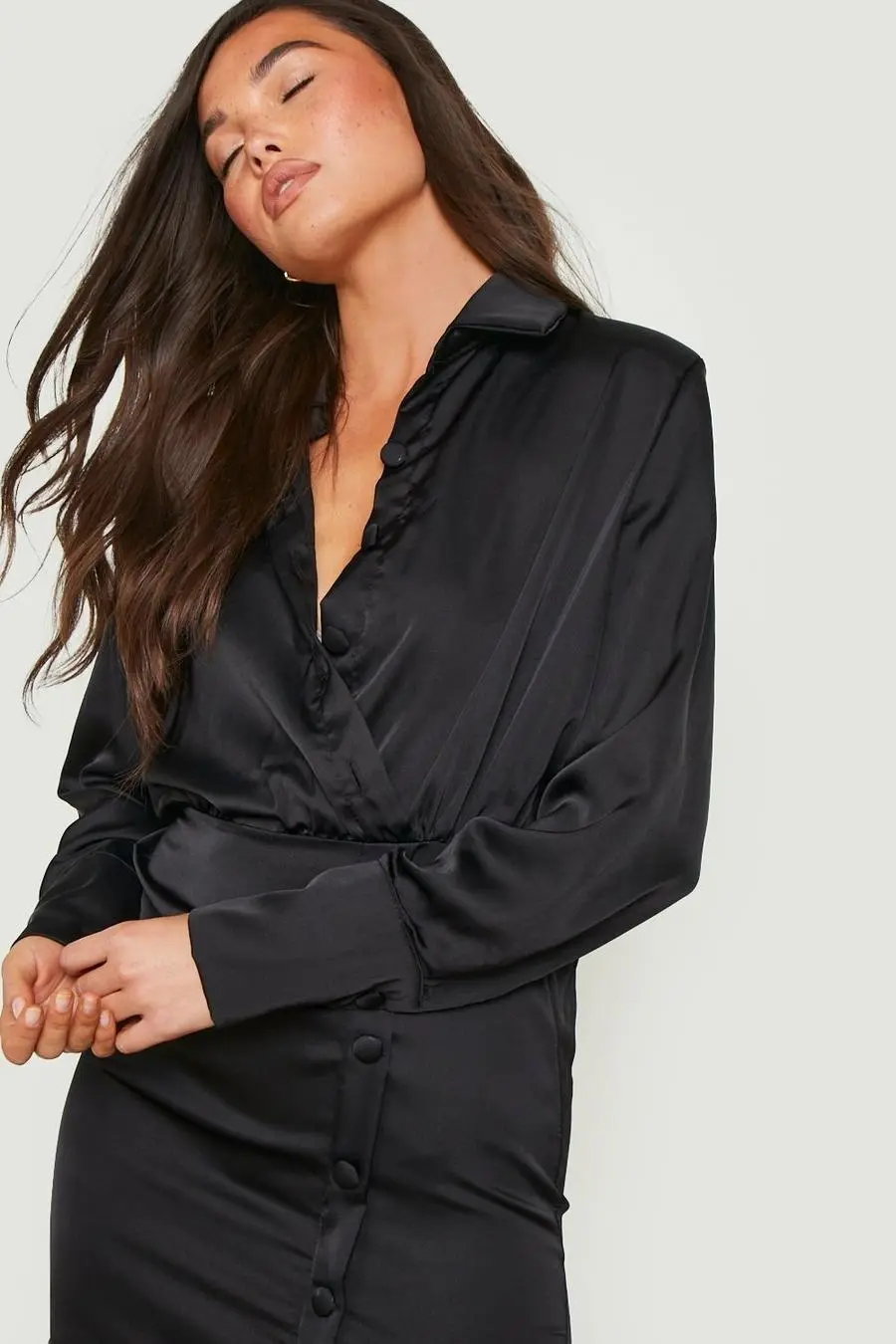 Button Detail Satin Shirt Dress