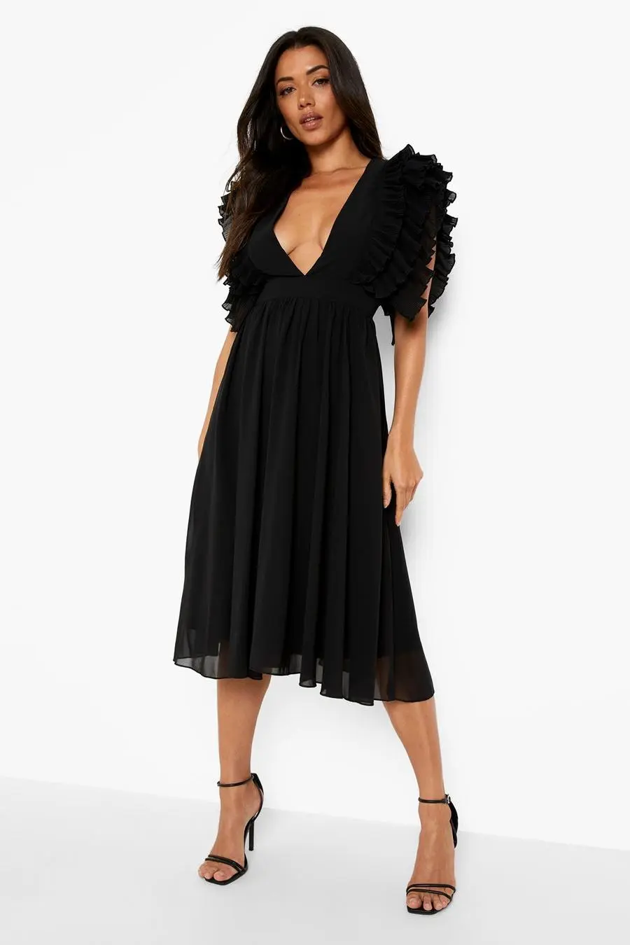 Chiffon Plunge Ruffle Midi Dress