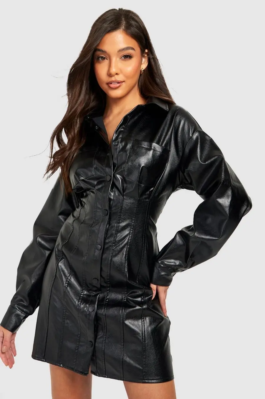 Corset Detail Pu Shirt Dress