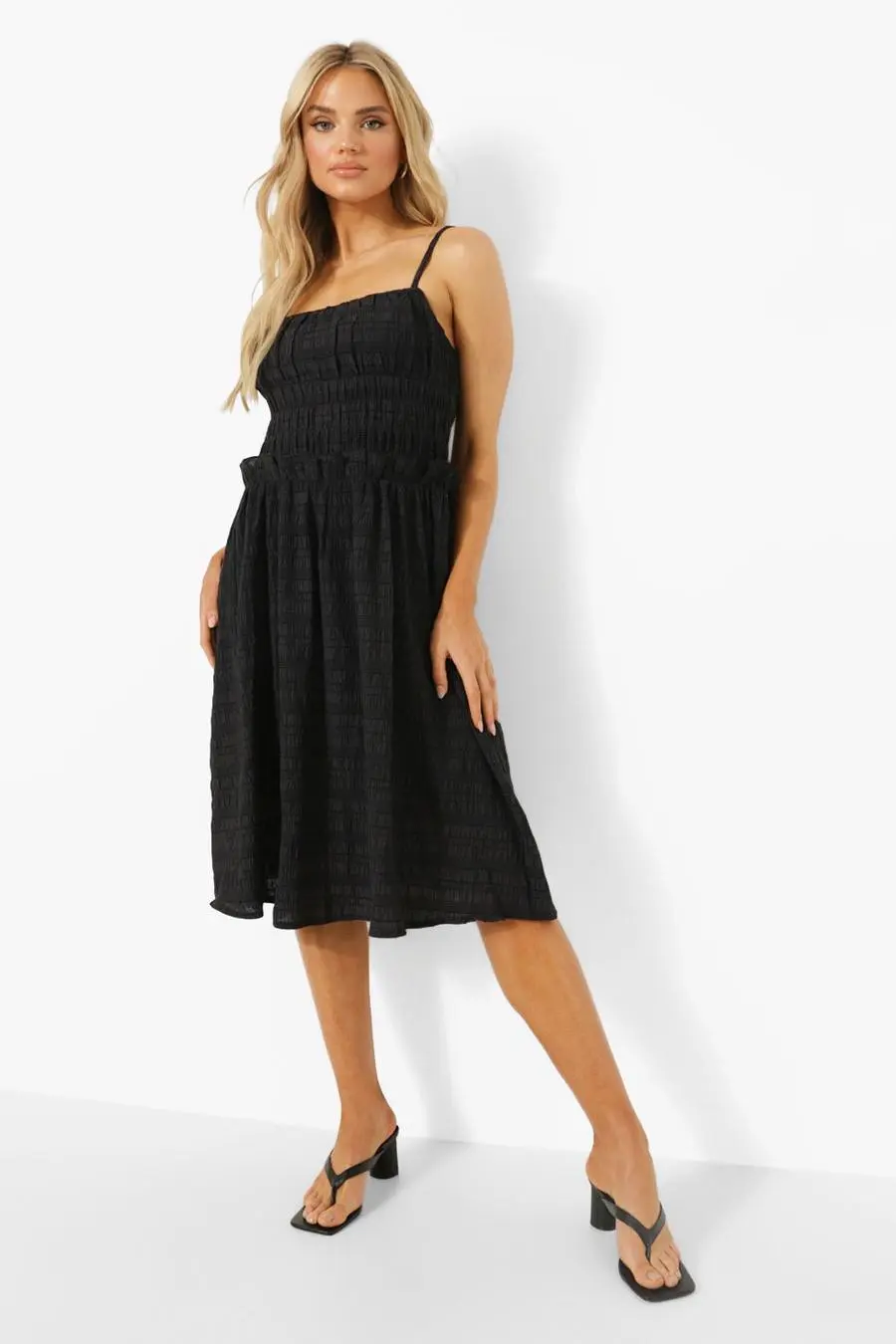 Crinkle Shirred Midi Skater Dress