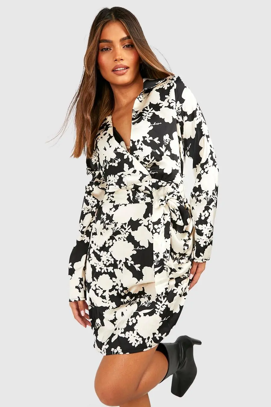 Floral Satin Wrap Detail Dress