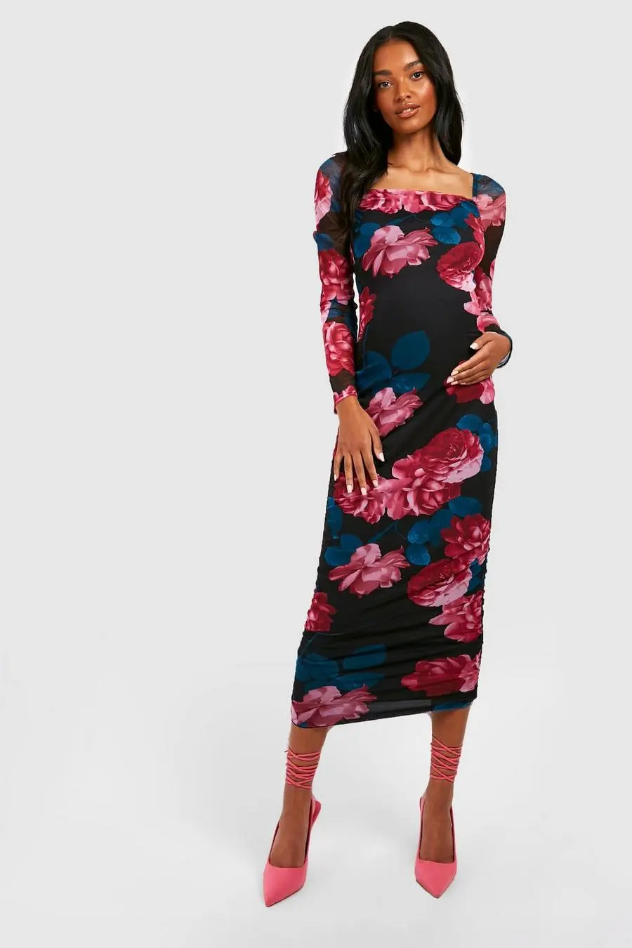 Maternity Floral Square Neck Mesh Midi Dress
