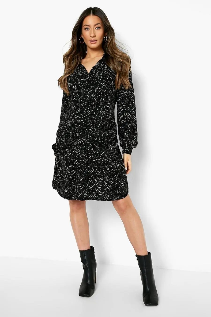 Maternity Polka Dot Ruched Front Shirt Dress