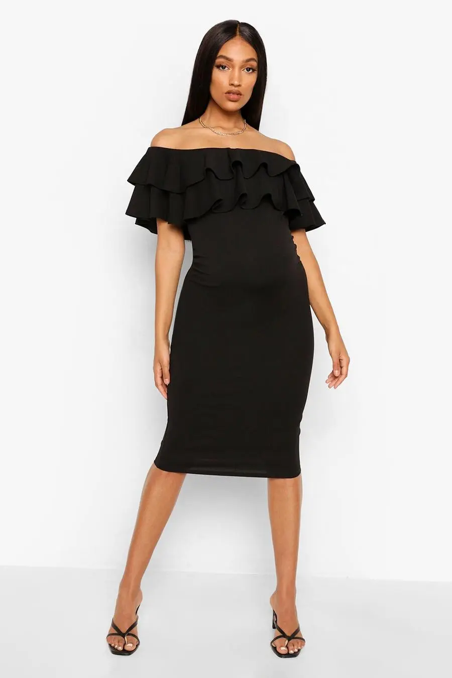 Maternity Ruffle Off The Shoulder Midi Dress