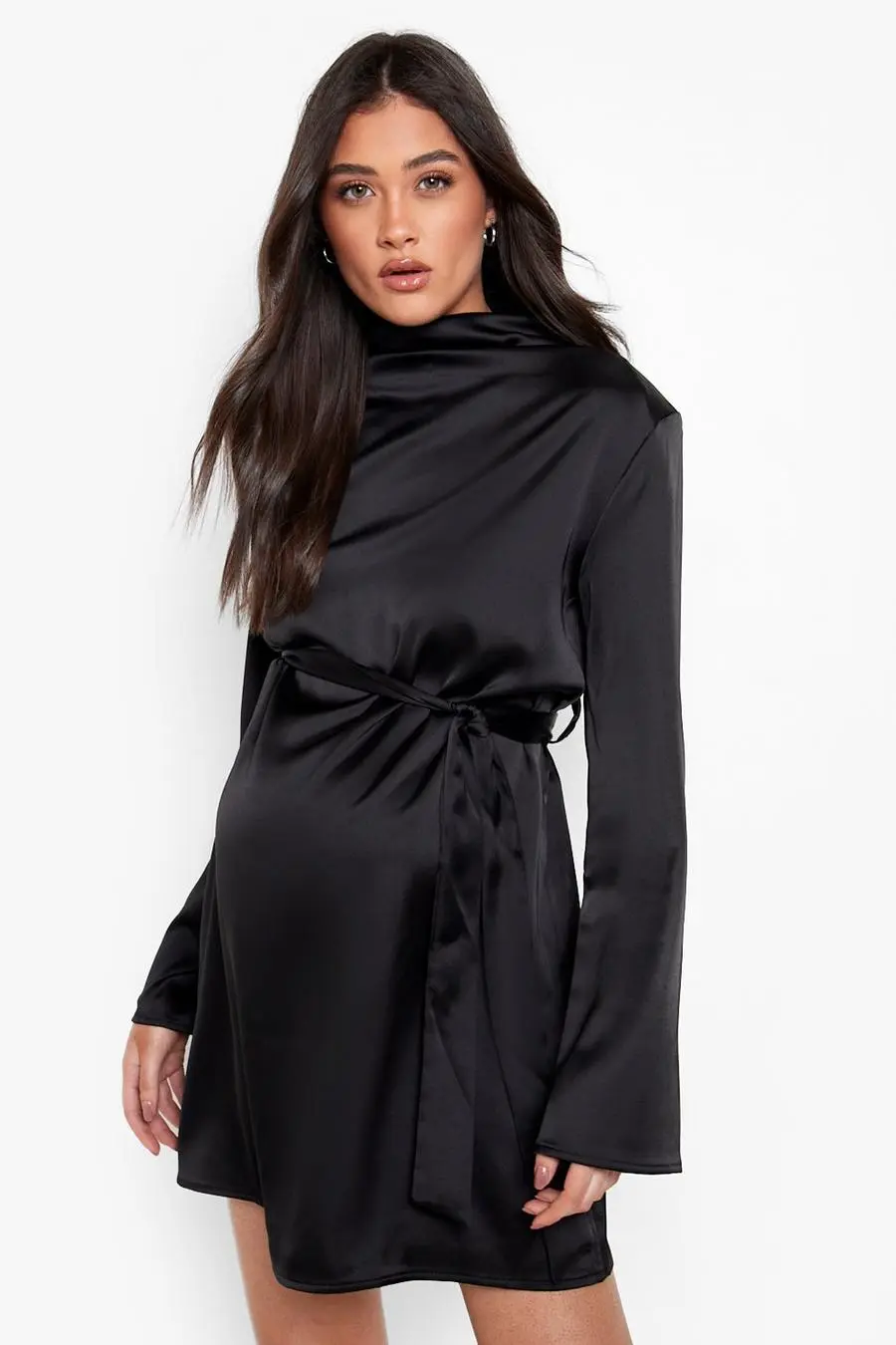 Maternity Satin High Neck Tie Wait Shift Dress