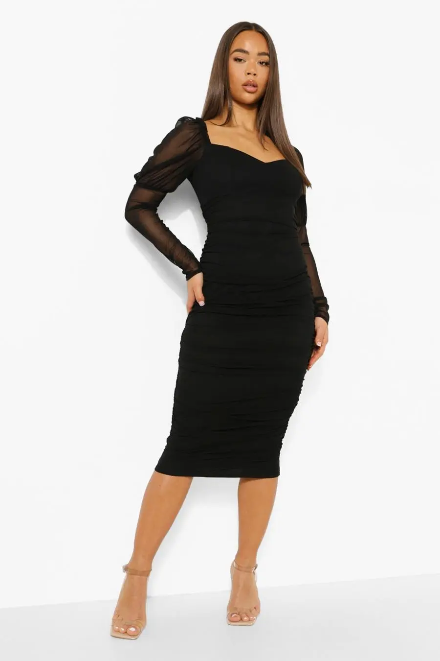 Mesh Square Neck Ruched Midi Dress