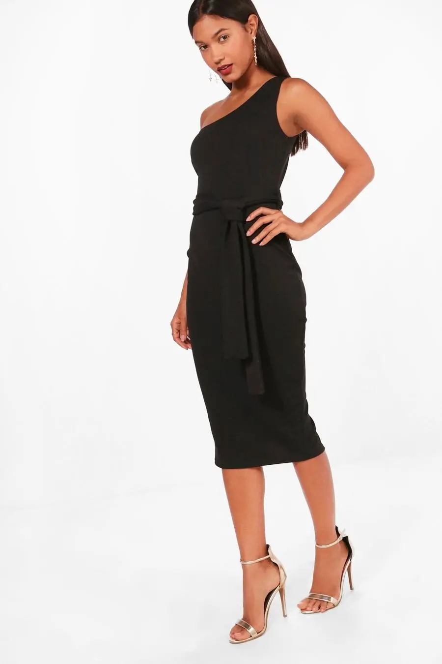 One Shoulder Belted Midi Dress