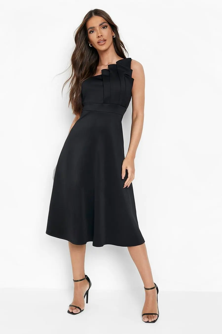 One Shoulder Pleated Detail Midi Skater Dress