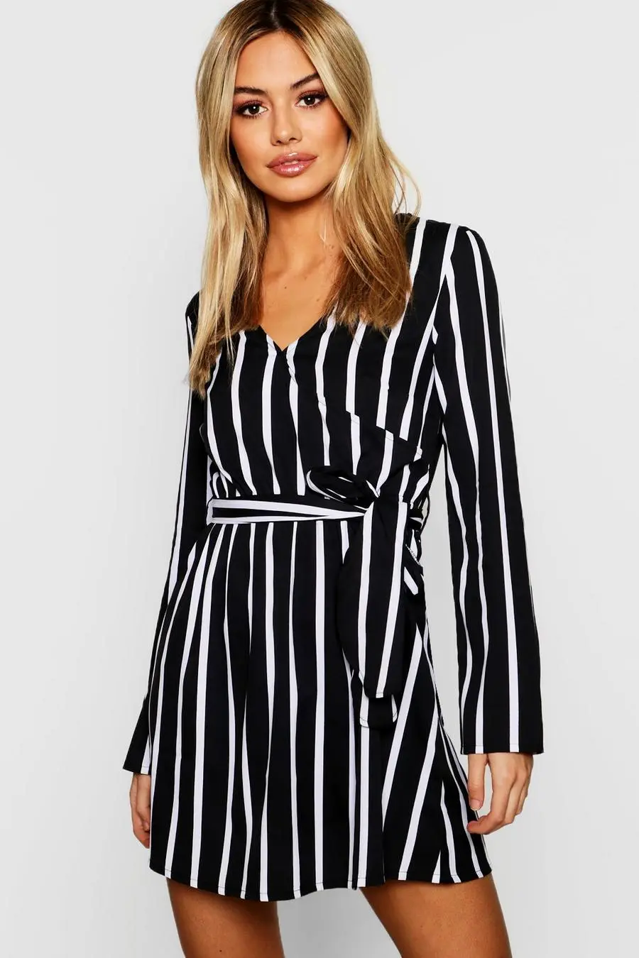 Petite Black Wrap Over Stripe Shift Dress
