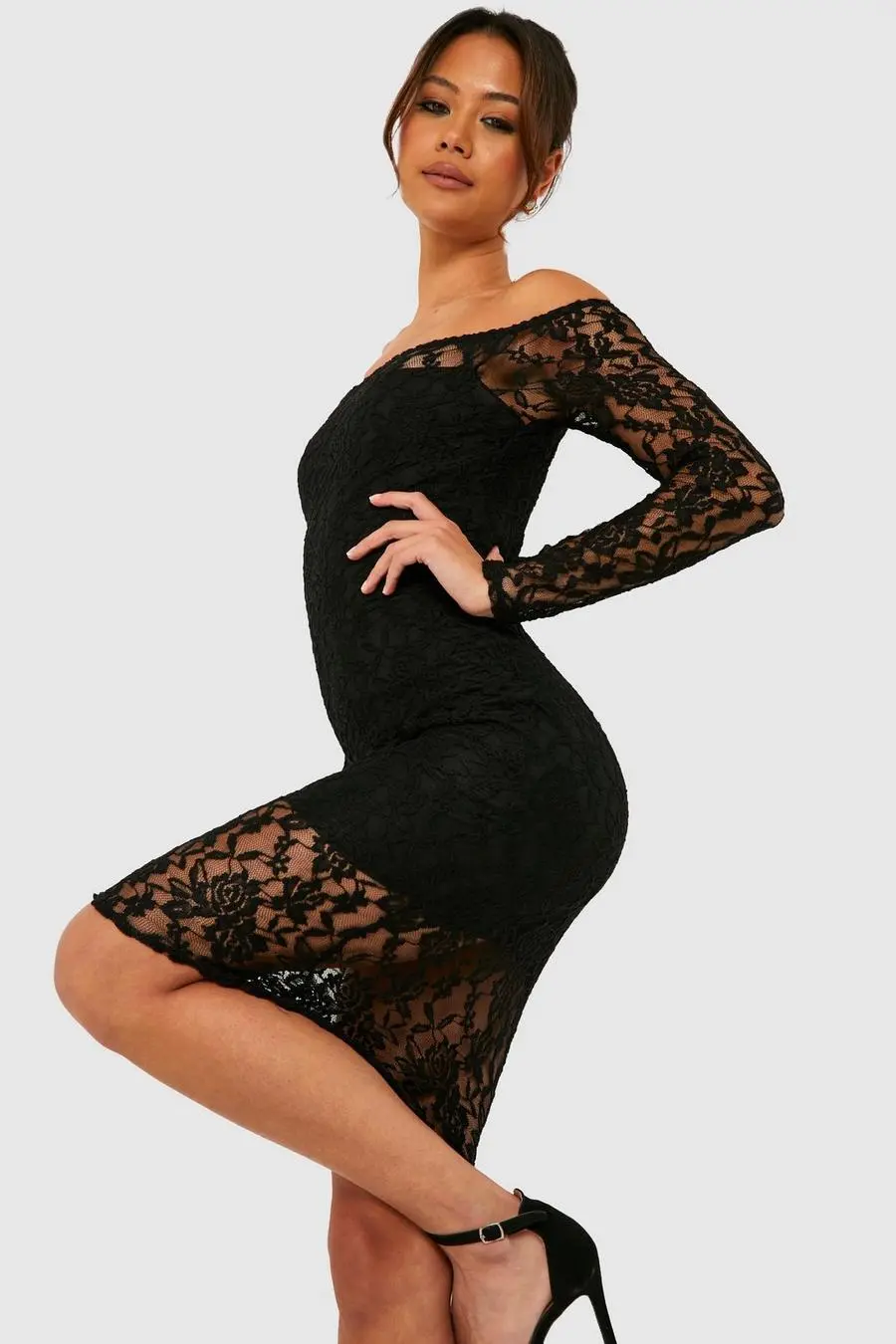 Petite Off The Shoulder Lace Midi Dress