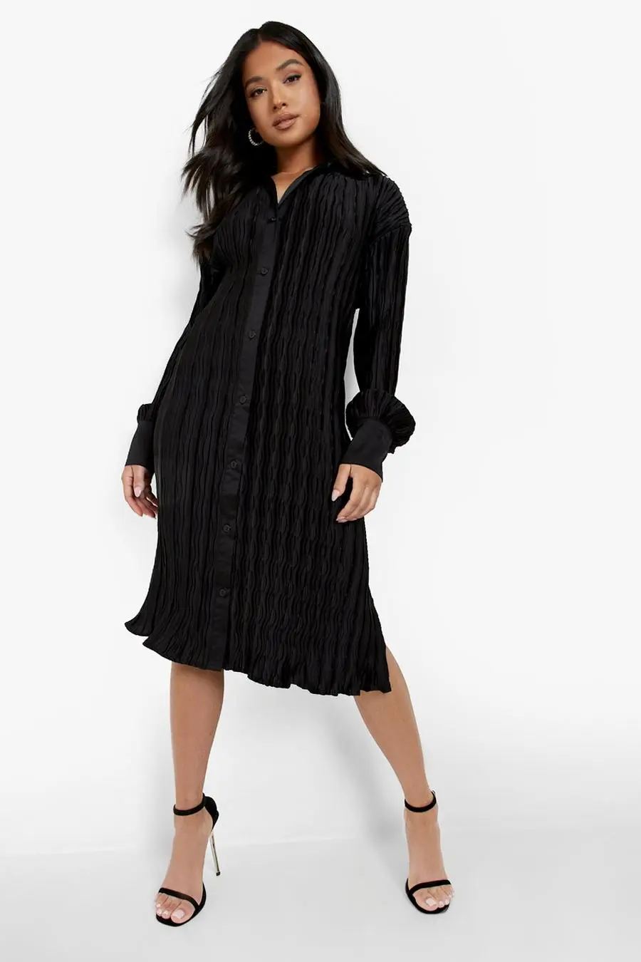 Petite Pleated Plisse Midi Shirt Dress