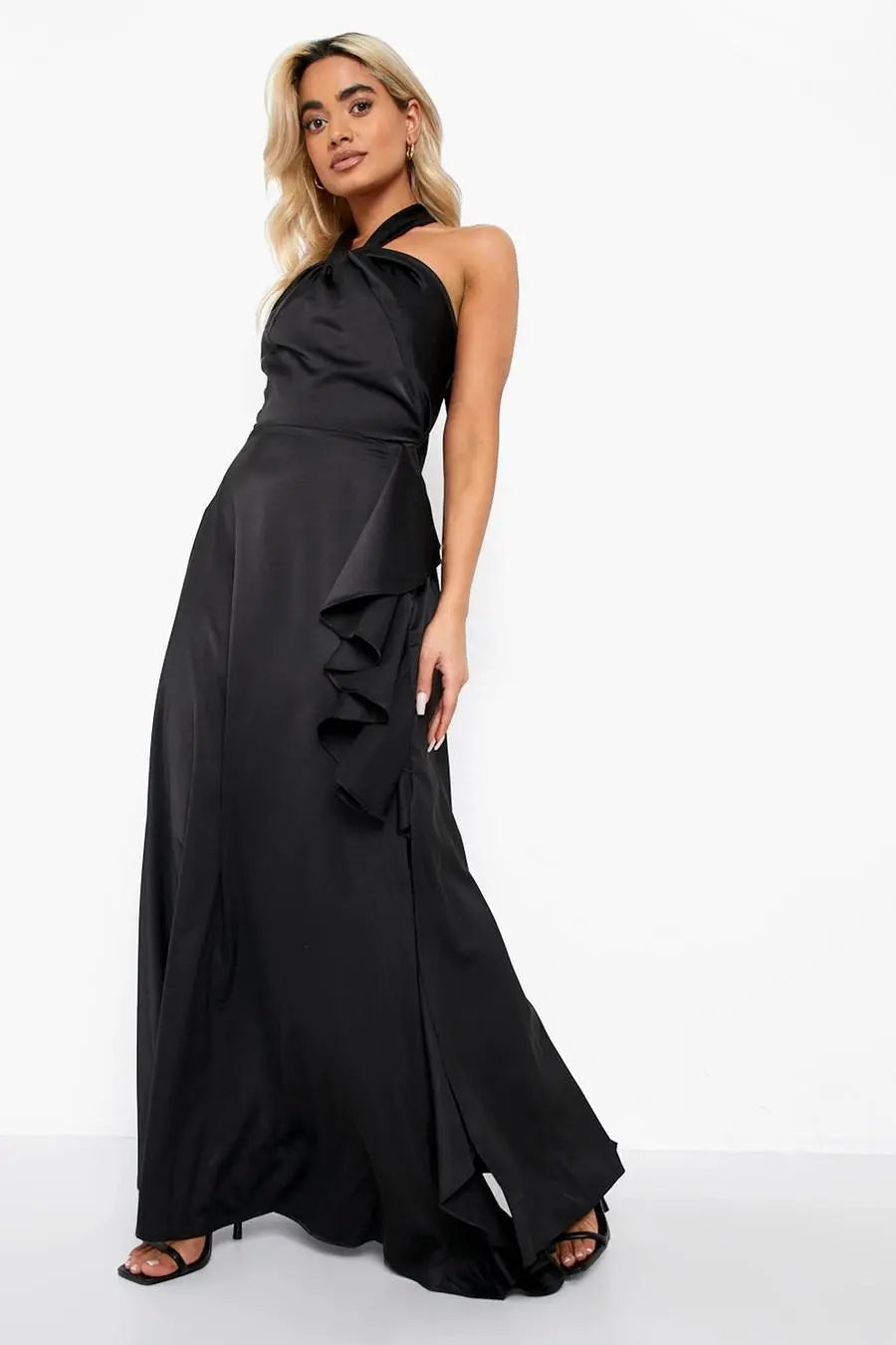 Petite Satin Occasion Halter Frill Maxi Dress