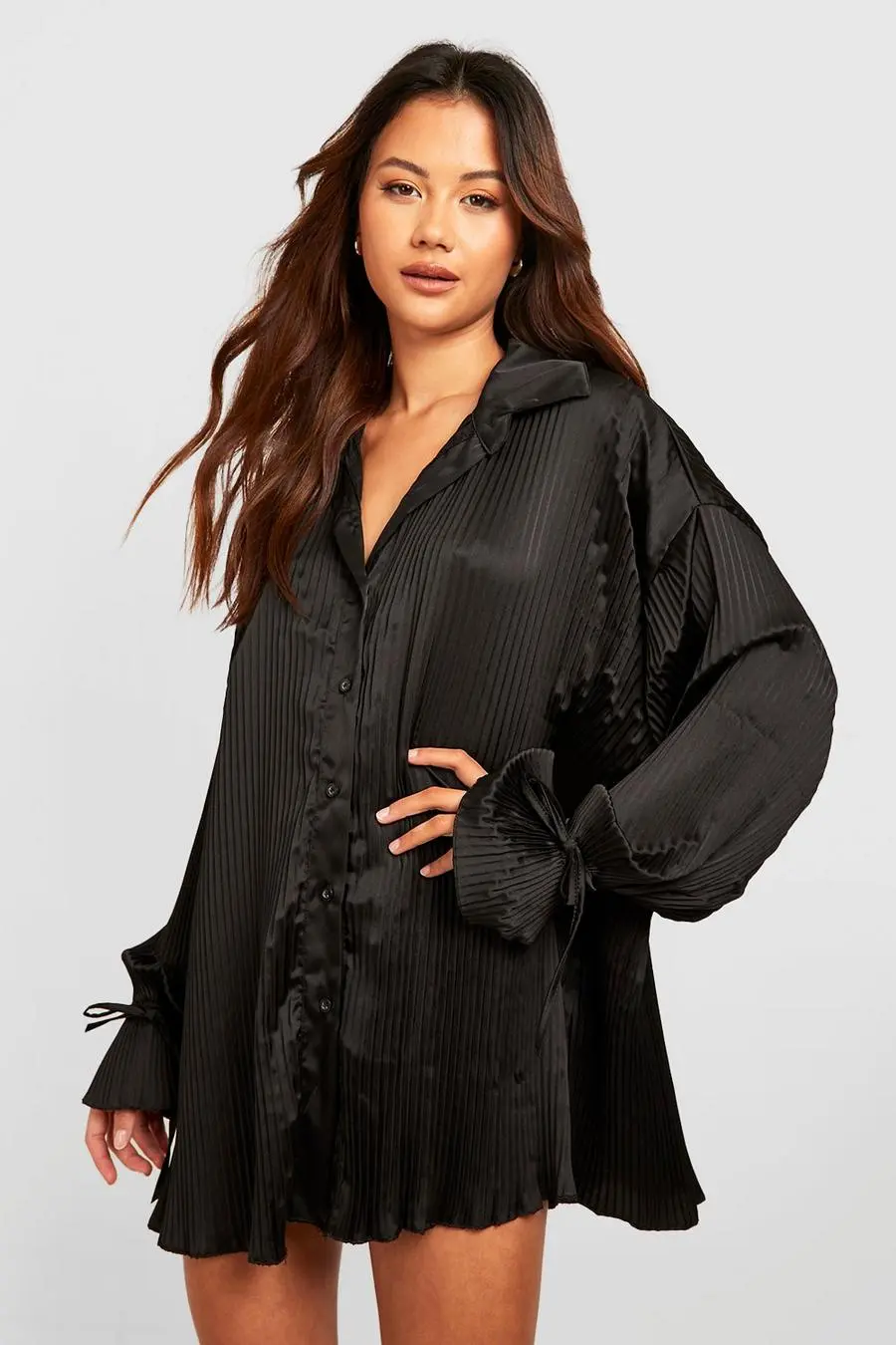 Petite Satin Plisse Tie Cuff Shirt Dress