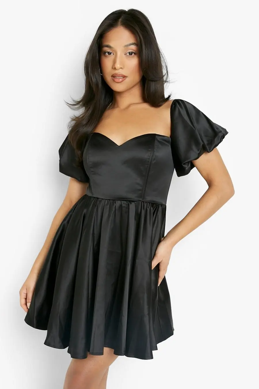 Petite Satin Volume Sleeve Satin Skater Dress