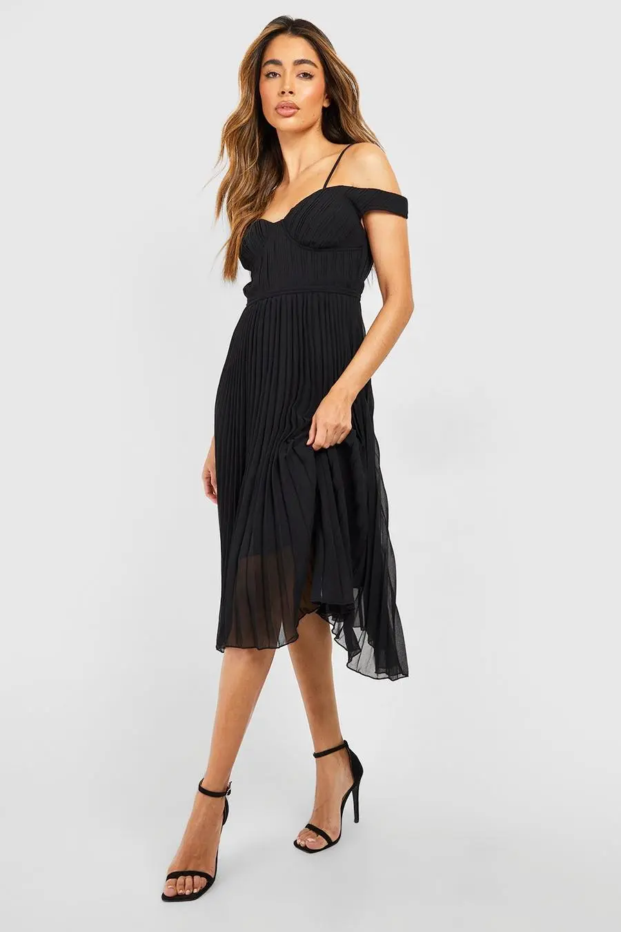 Pleated Cold Shoulder Midi Dress