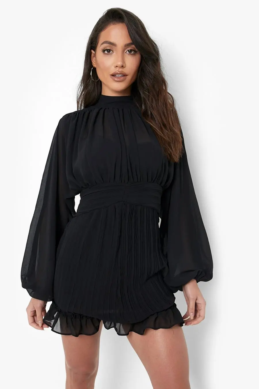 Pleated High Neck Ruffle Hem Mini Dress