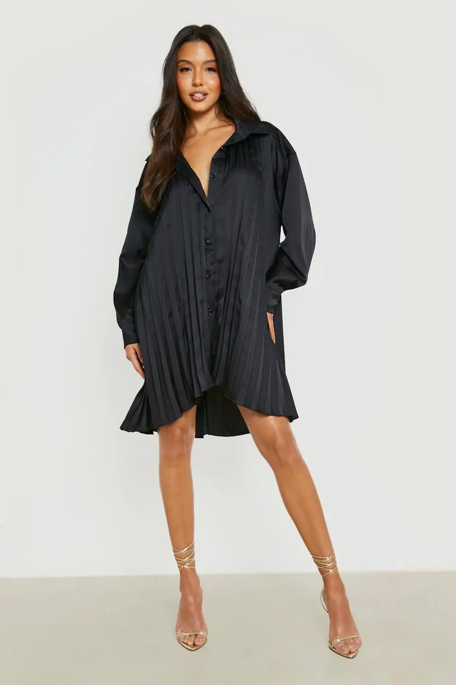 Pleated Satin Shirt Dress