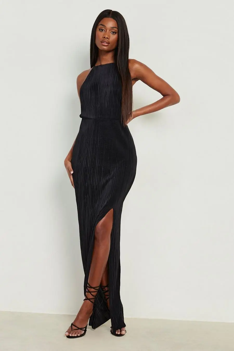 Plisse Pleated Thigh Split Maxi Dress