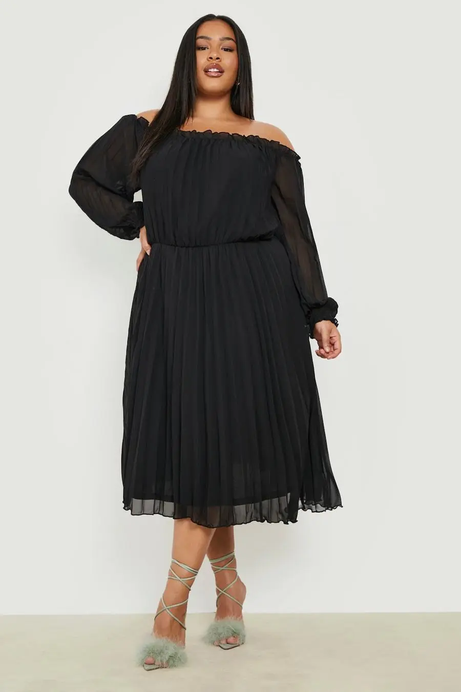 Plus Chiffon Pleated Off Shoulder Skater Dress