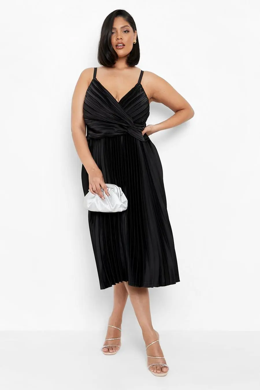 Plus Pleated Satin Twist Detail Midi Dress