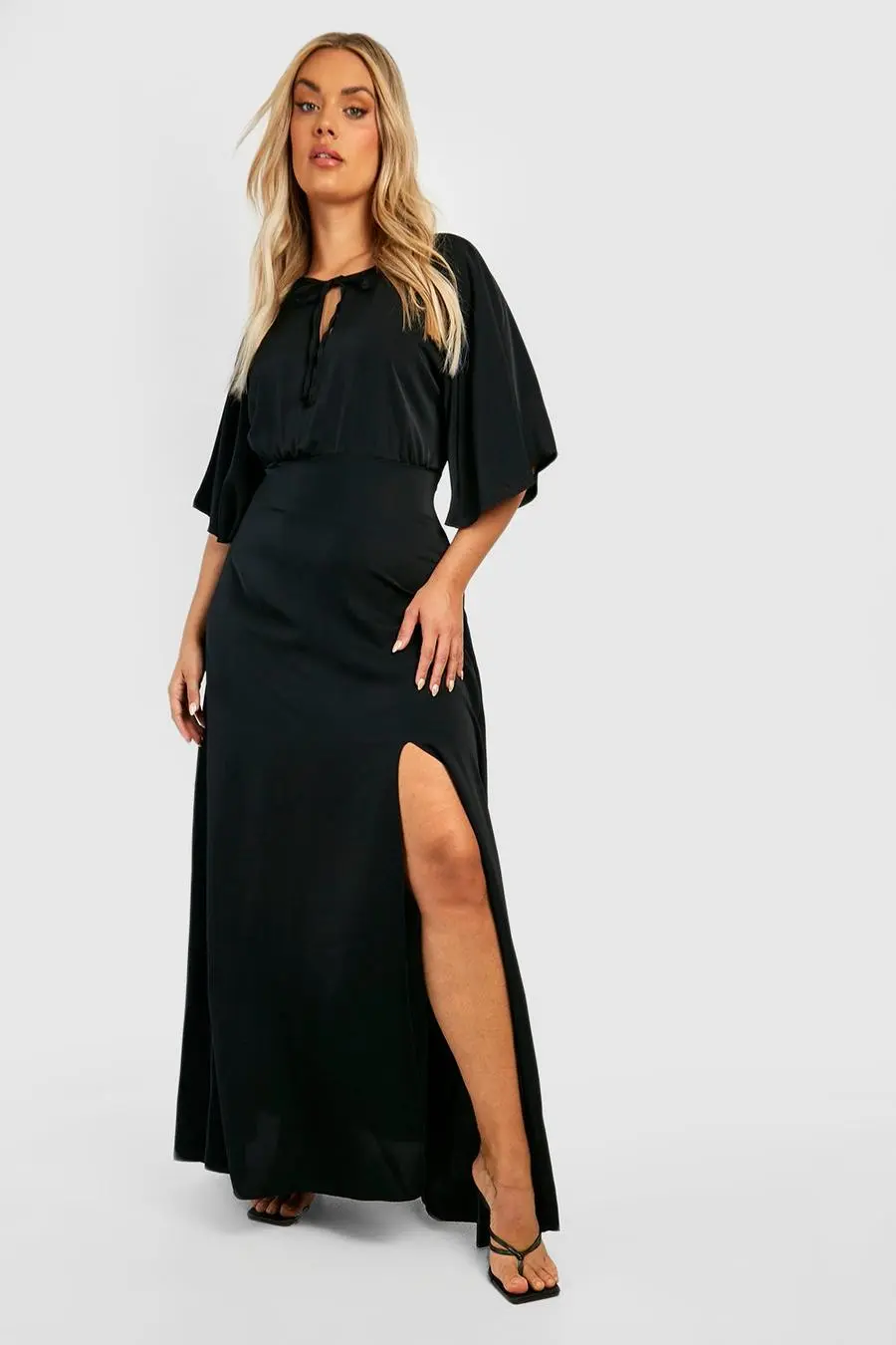 Plus Premium Satin Angel Sleeve Maxi Dress