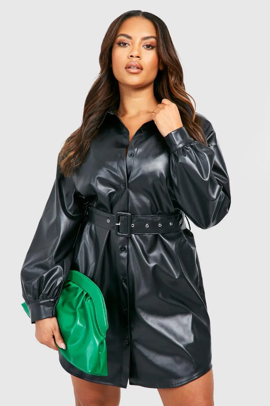 Plus Pu Belted Shirt Dress