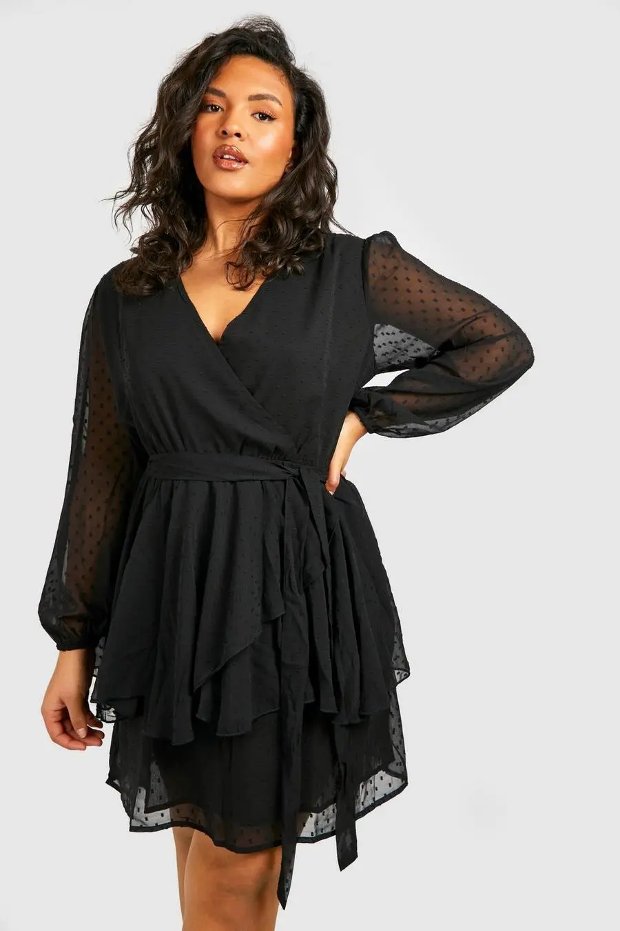 Plus Ruffle Hem Dobby Mesh Skater Dress