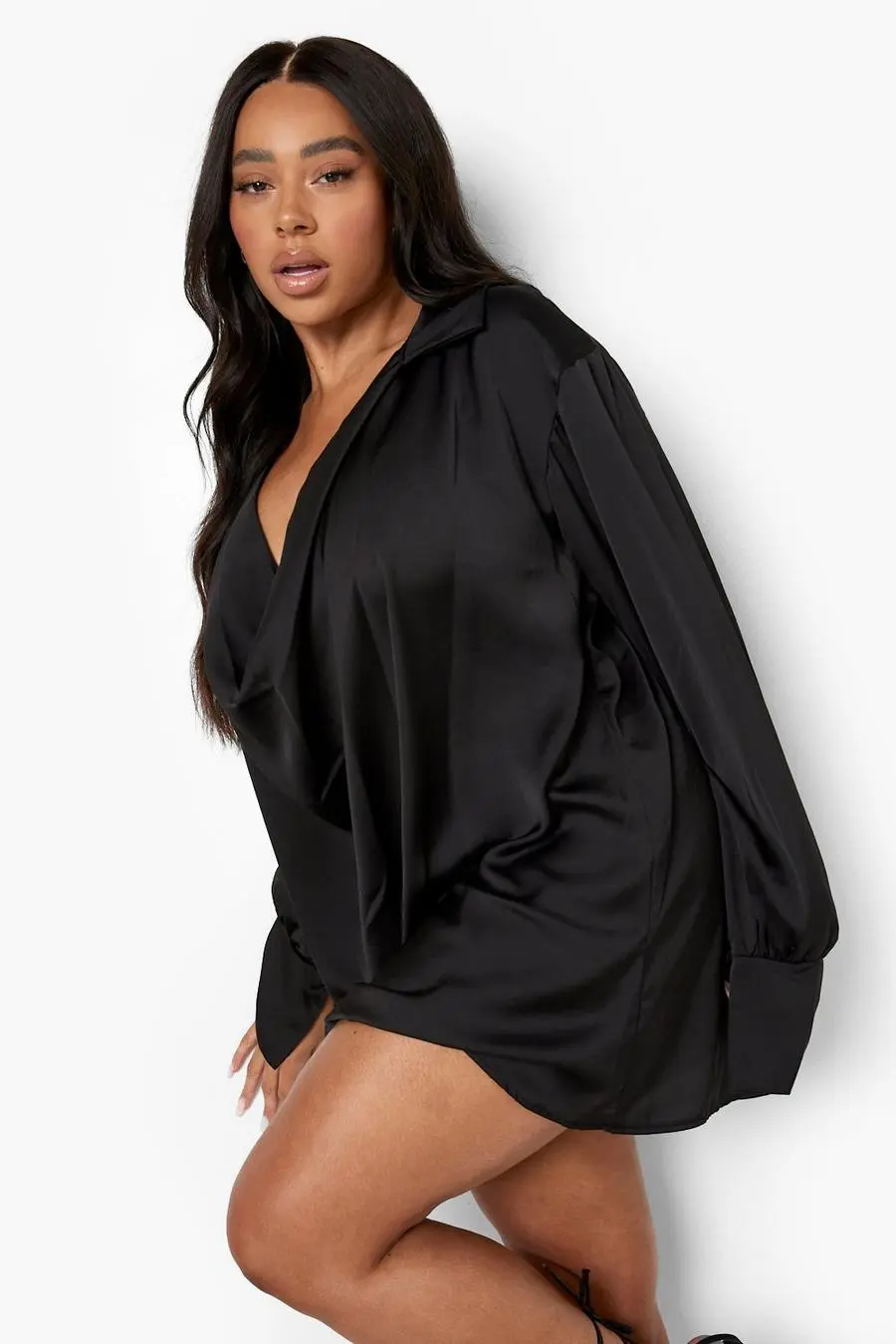 Plus Satin Cowl Neck Dress