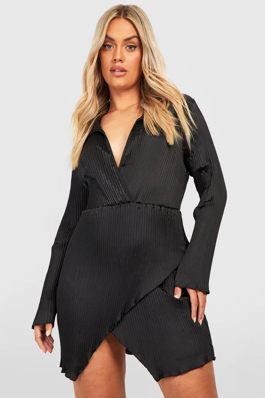 Plus Satin Plisse Wrap Shirt Dress