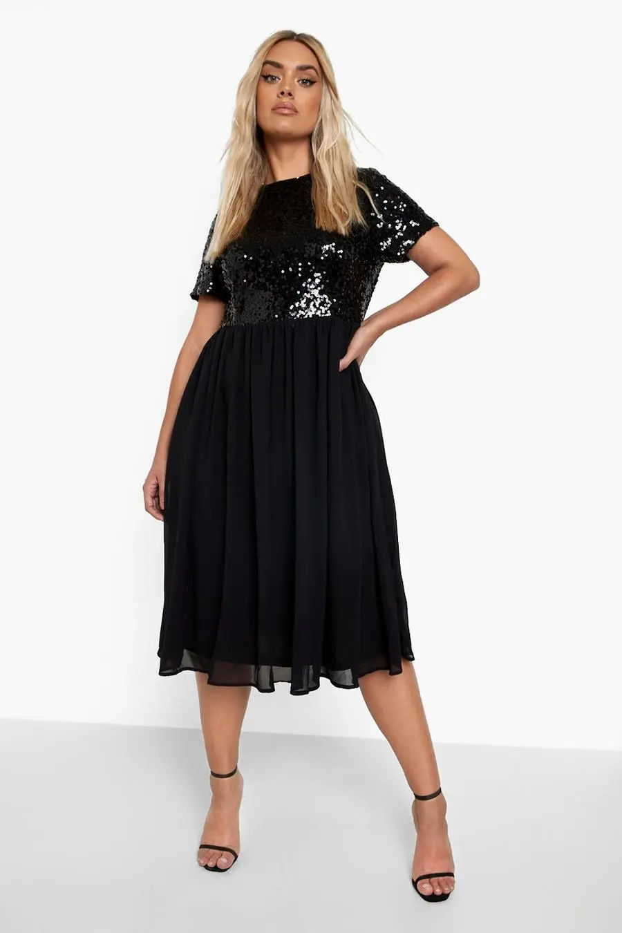 Plus Sequin Chiffon Skater Dress