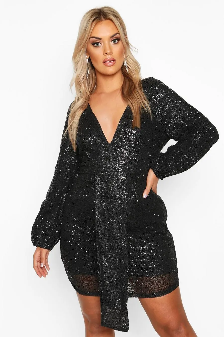 Plus Sequin Plunge Ruched Detail Dress