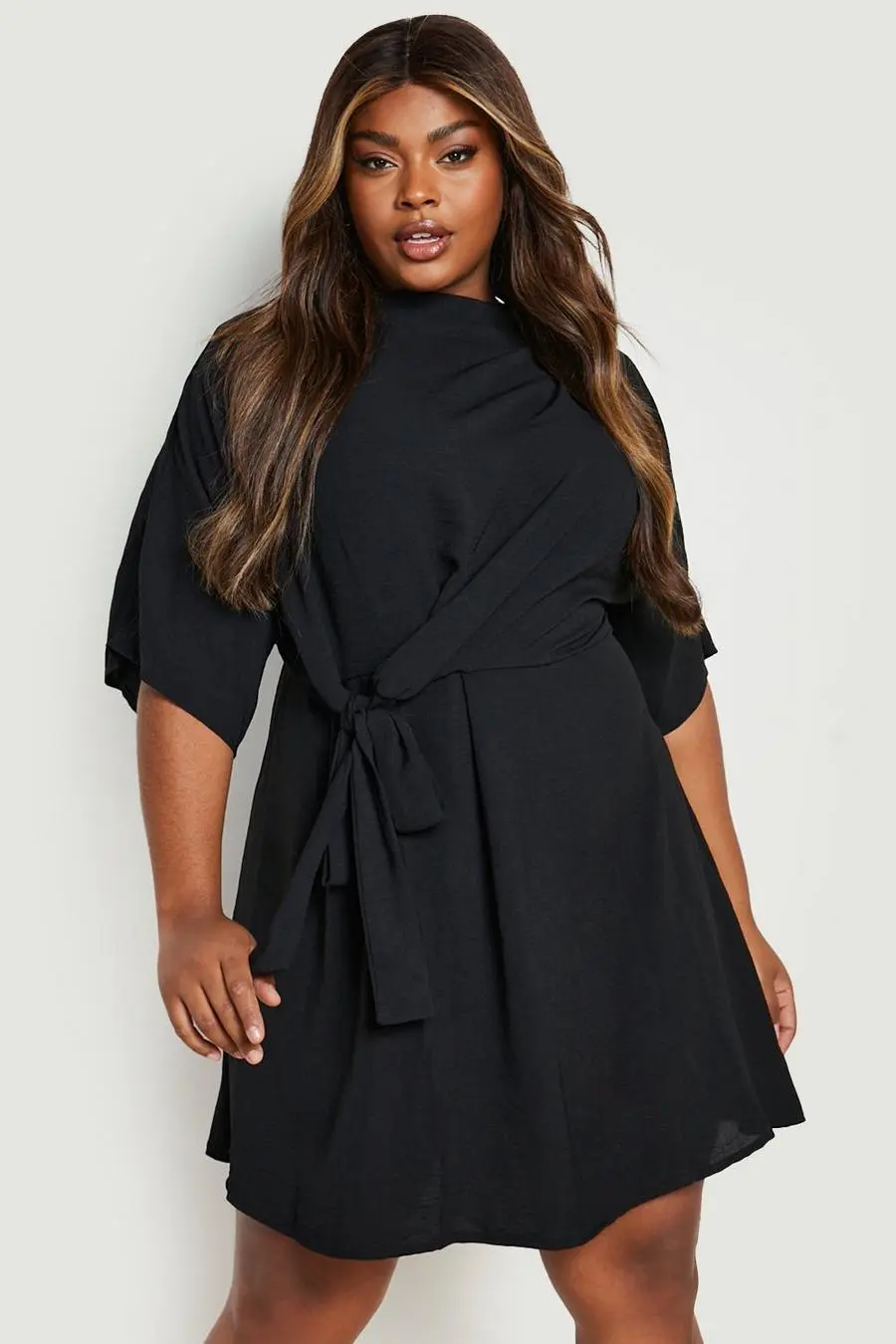 Plus Textured Knot Cowl Neck Skater Dress