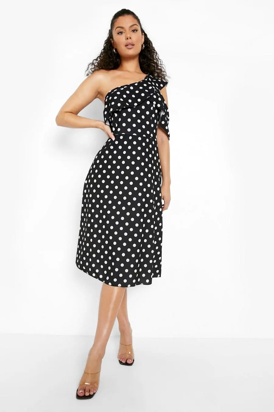 Polka Dot Asymmetric Midi Skater Dress