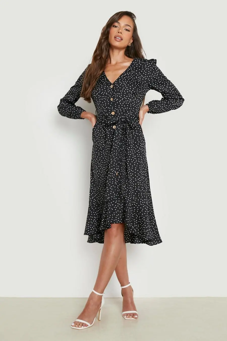Polka Dot Button Front Midi Dress