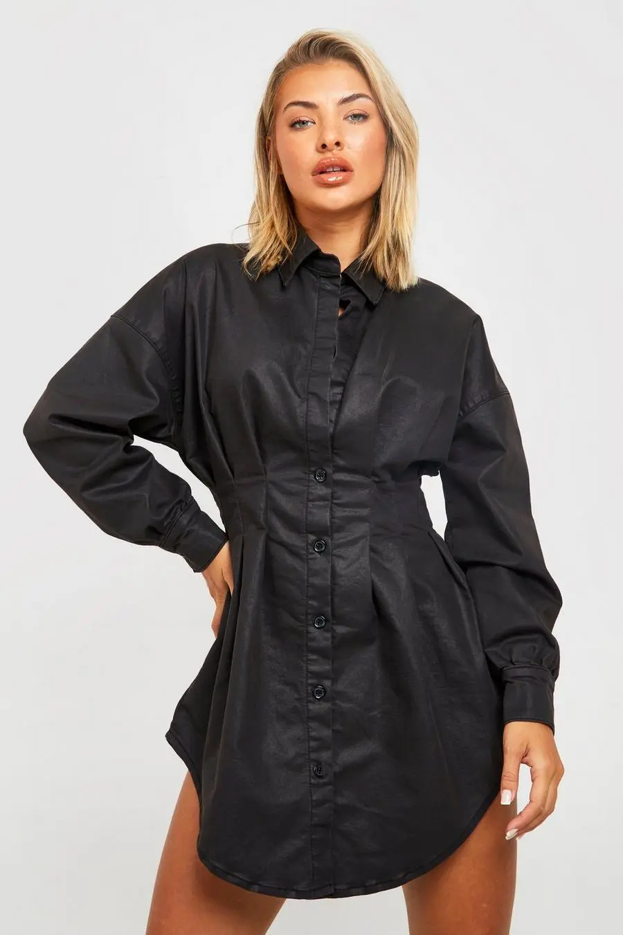 Pu Coated Cinched Waist Denim Shirt Dress