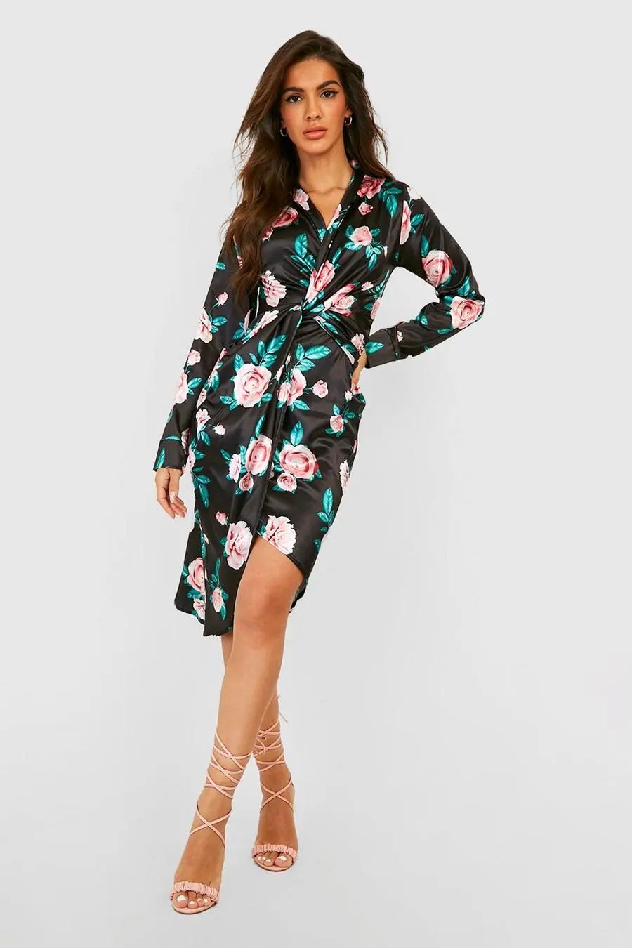 Rose Print Twist Front Midi Dress