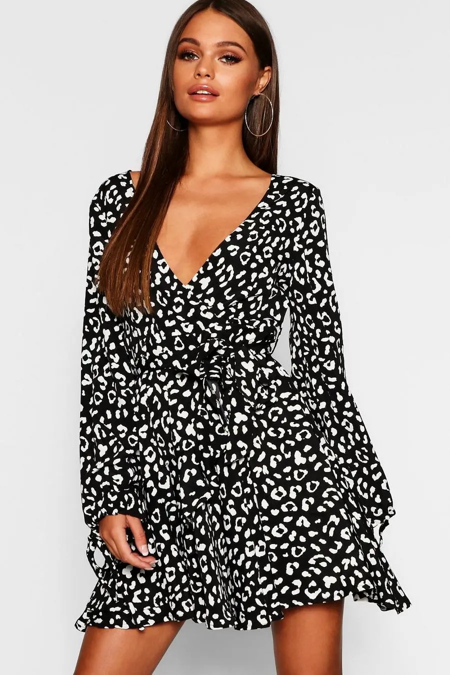 Ruffle Front Tie Sleeve Leopard Print Tea Dress