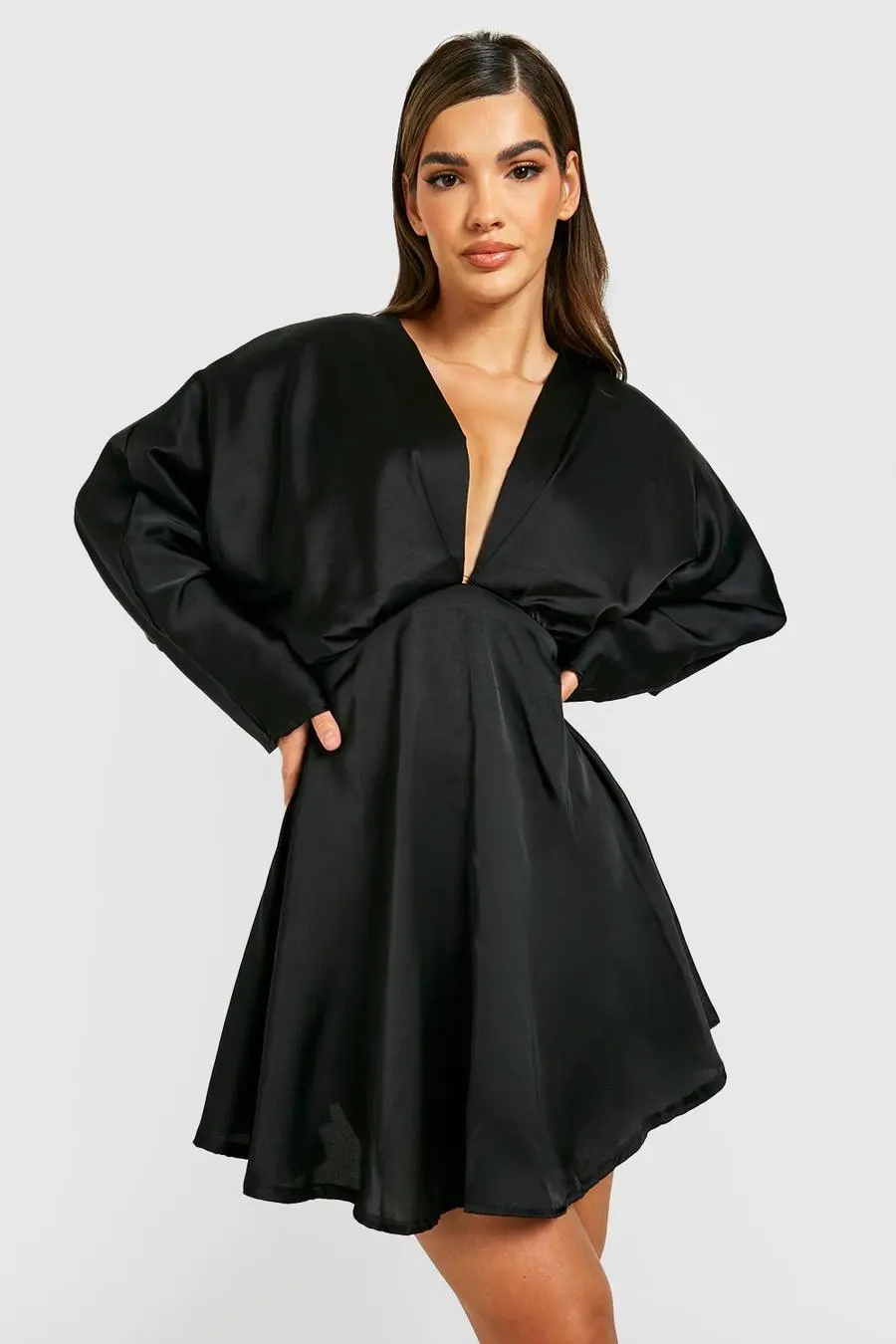 Satin Batwing Mini Skater Dress
