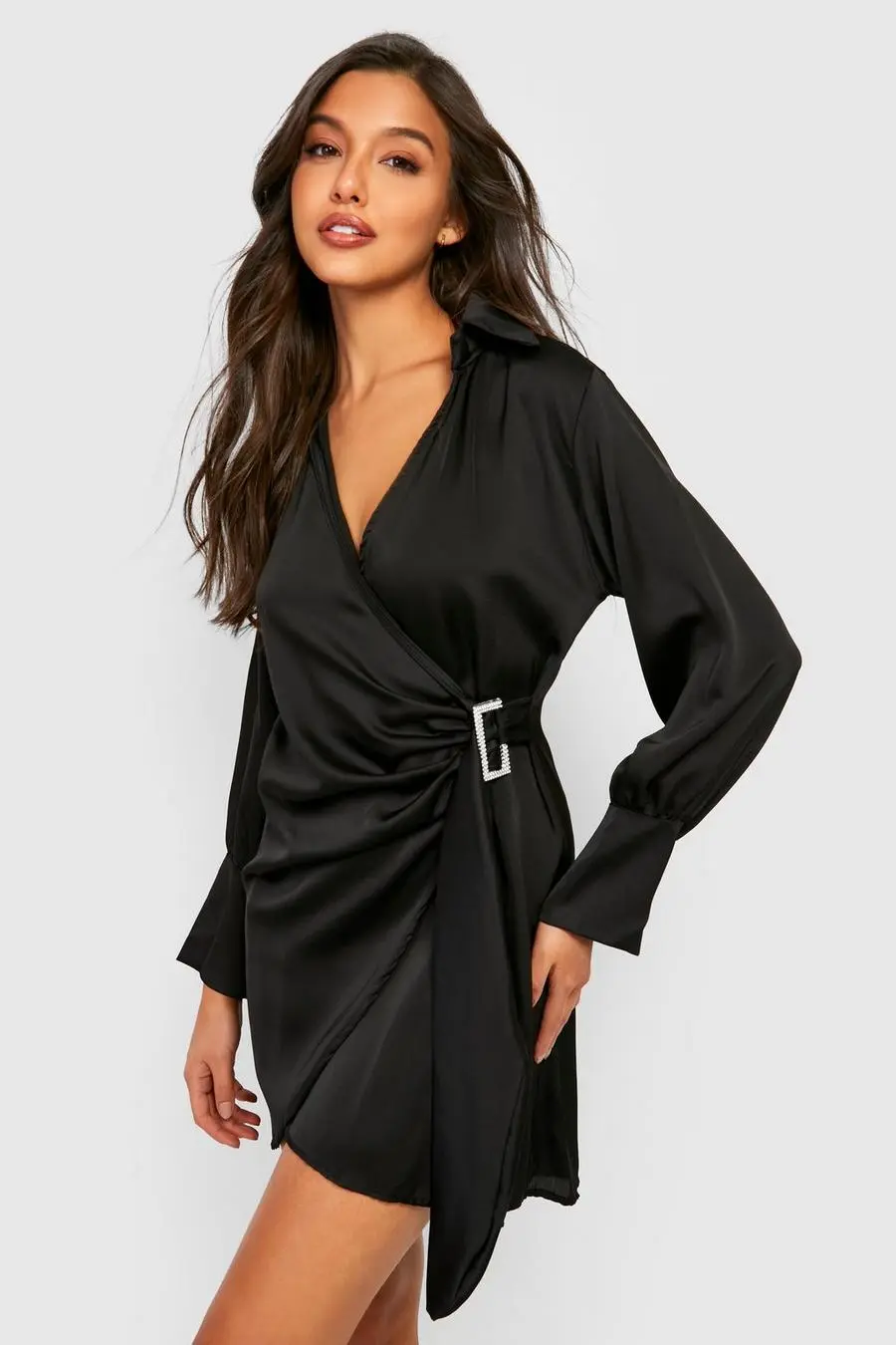 Satin Buckle Detail Wrap Shirt Dress
