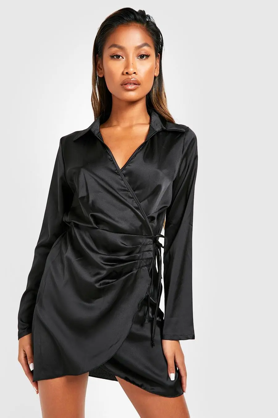Satin Flare Sleeve Shirt Dress